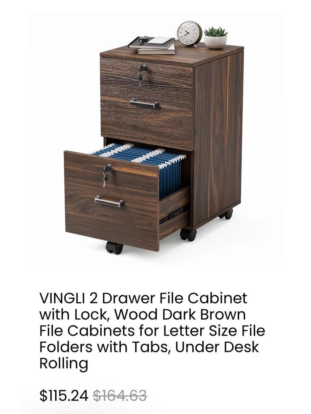 VINGLI 2 Drawer File Cabinet with Lock, Dark Brown Wood Finish, Letter Size